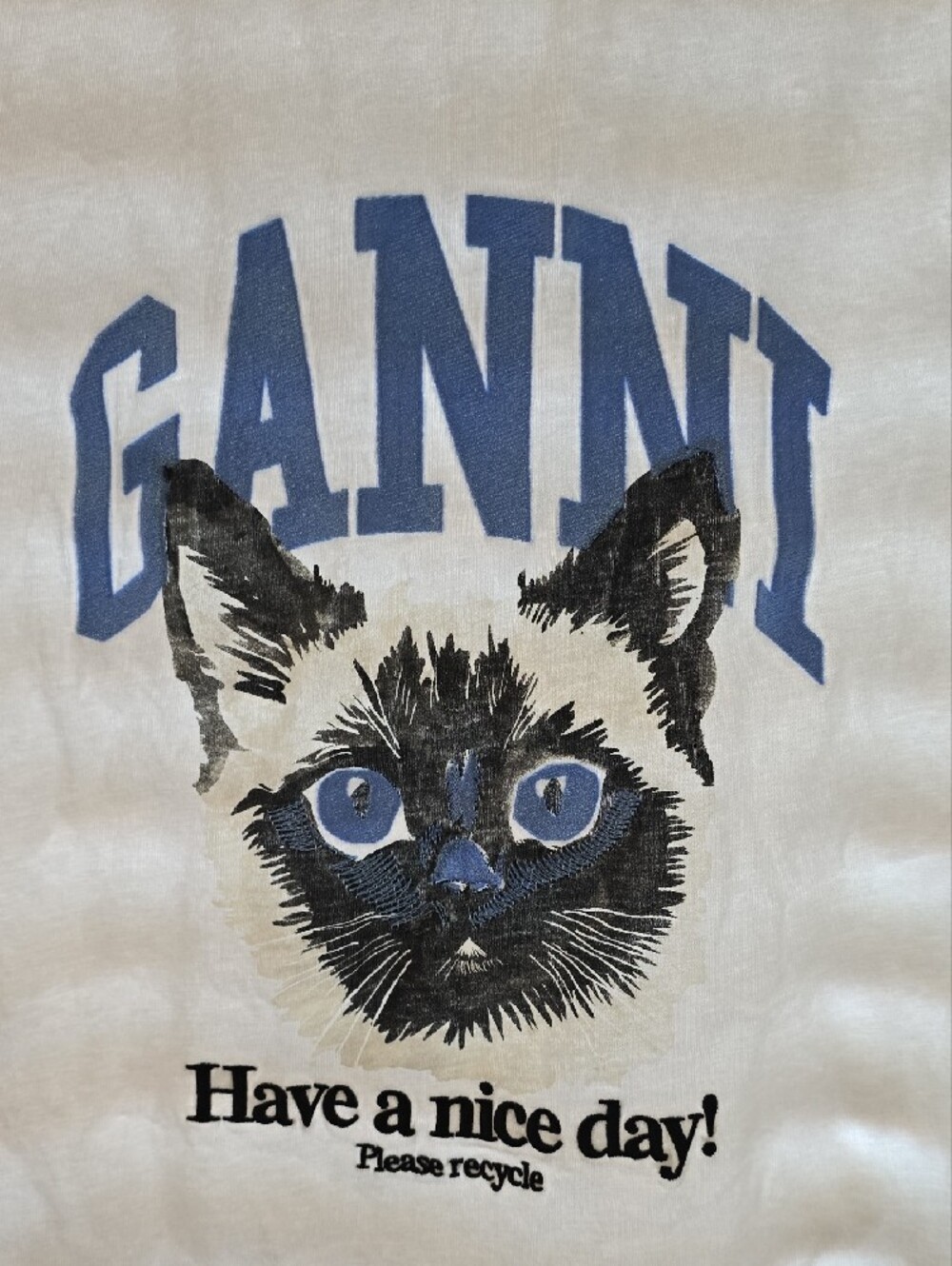 Pre-owned Ganni White Tee with Blue Cat Graphic - "Have a Nice Day!" L - Picture 3 of 6